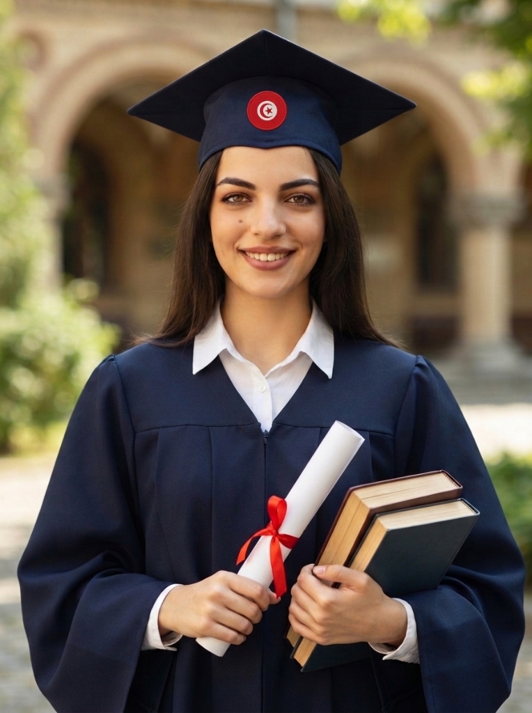 Tunisian graduate student celebrating graduation in Malaysia holding textbooks and diploma